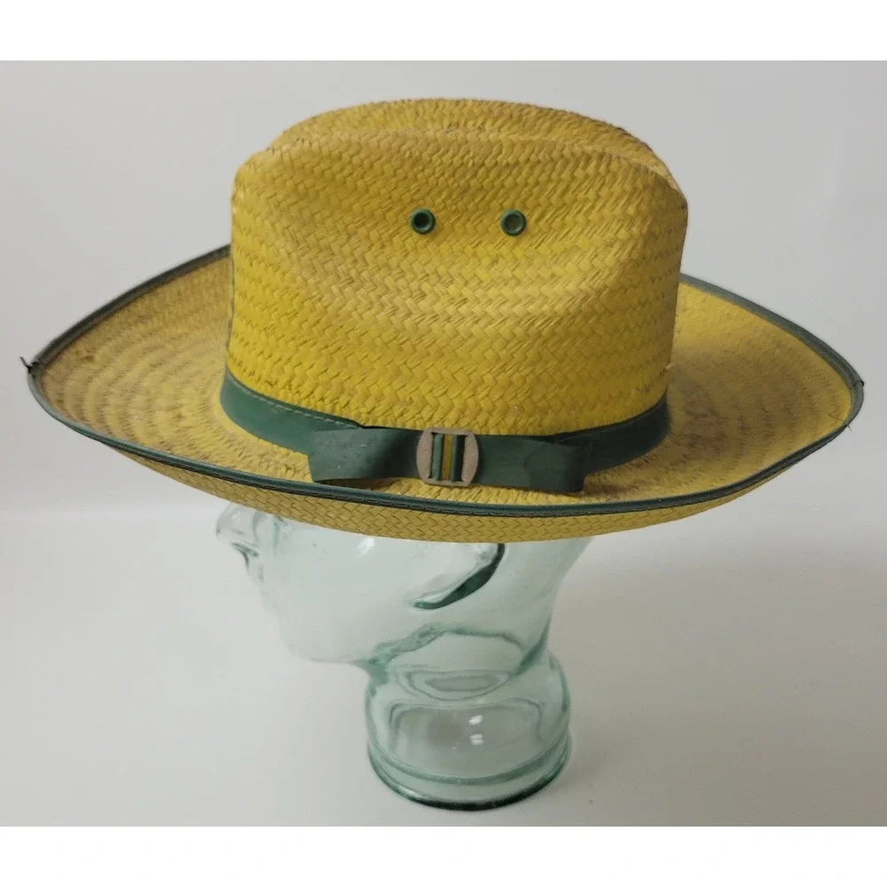 Vintage John Deere Straw Cowboy Hat Yellow Green Logo Western Farm Sun Hat M